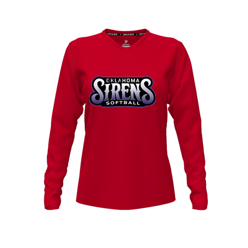 [CUS-DFW-TEES-CMF-VNK-LSL-RED-FYXS-LOGO1] Decker Comfort T-Shirt (Female Youth XS, Red, V Neck, Logo 1, Long Sleeve)