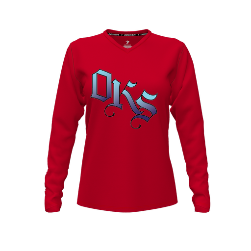 [CUS-DFW-TEES-CMF-VNK-LSL-RED-FYXS-LOGO3] Decker Comfort T-Shirt (Female Youth XS, Red, V Neck, Logo 3, Long Sleeve)