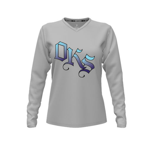 [CUS-DFW-TEES-CMF-VNK-LSL-GRY-FYXS-LOGO3] Decker Comfort T-Shirt (Female Youth XS, Gray, V Neck, Logo 3, Long Sleeve)